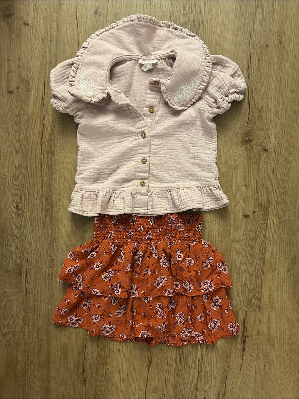 Girls Two-Piece Outfit - Pink Top & Rust Floral Skirt
